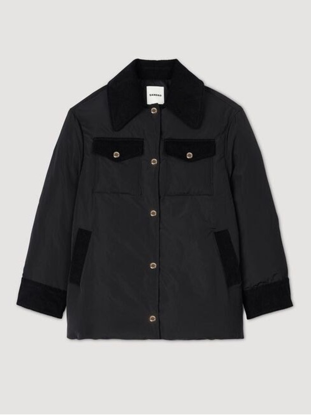 Sandro Black Quilted Puffer Jacket with Corduroy Trim - Picture 3 of 10